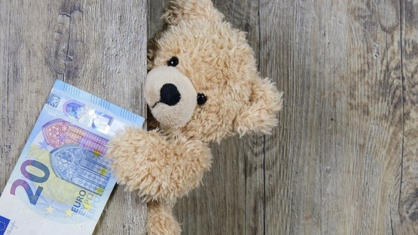 Teddybär, der einen 20 € Schein zeigt